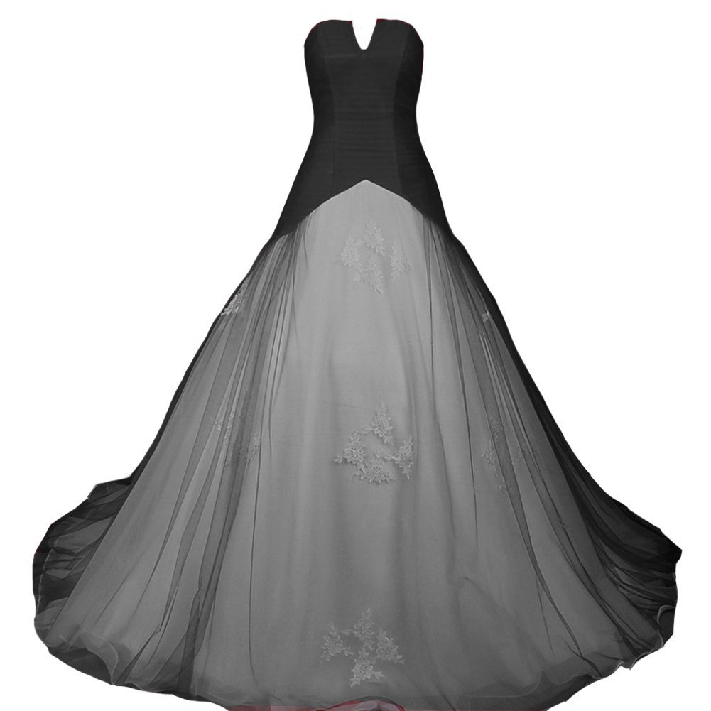 Kivary Gothic White and Black Tulle Strapless Corset Long Bridal Wedding Dresses