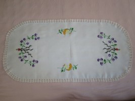 Hand Embroidered Spring Floral Runner With Crocheted Edges - 17&quot; X 34 1/2&quot; - £11.01 GBP