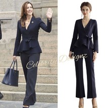 Queen Mary Inspired Navy Ruffle Peplum Wrap Jacket &amp; High Waist Wide-leg... - $149.99