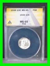 Stunning 1936 10c Cents Full Split Bands Mercury Dime UNC Graded MS 65 F... - $178.19