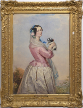 Portrait Young Lady w Tiny Dog 19th Century Watercolor from Wallace Collection - £877.86 GBP