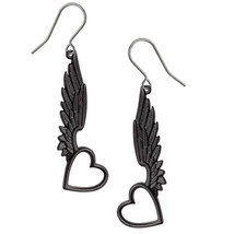 Alchemy Gothic Passio Wings of Love Earrings Black Heart Surg Steel Hooks E465 - £27.32 GBP