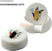 Round White Marble Top Coaster Set With Holder Multi Butterfly Inlaid Ho... - £170.61 GBP