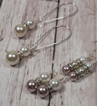 Glass Pearl Rhinestone Drop Pierced Earrings Handmade 3 Pair White Almond Cocoa - £11.86 GBP