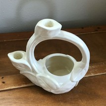 Vintage Unique Cream Glazed Leaf Pottery Basket w Candle Holders – 7 and... - £11.82 GBP