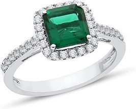 0.75Ct Cushion Cut Green Emerald &amp; Cz Halo Engagement Ring in Solid 925 Silver - £52.79 GBP