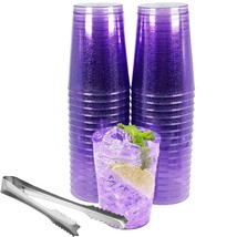 50Pc 10Oz Purple Glitter Plastic Cups And 1 Silver Ice Tong Set - Disposable Coc - $32.99