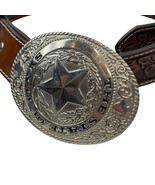 VTG Leather Belt with Great Seal of Texas Buckle, 51” Long, Lone Star Sz... - $34.16