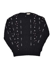 Vintage Hand Crochet Wool Sweater Womens L Black Floral Cardigan Bobble - £37.22 GBP