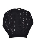 Vintage Hand Crochet Wool Sweater Womens L Black Floral Cardigan Bobble - £37.34 GBP