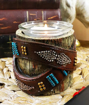 Western Turquoise Belt Buckle Crossed On Faux Wood Trunk Votive Candle Holder - £15.17 GBP