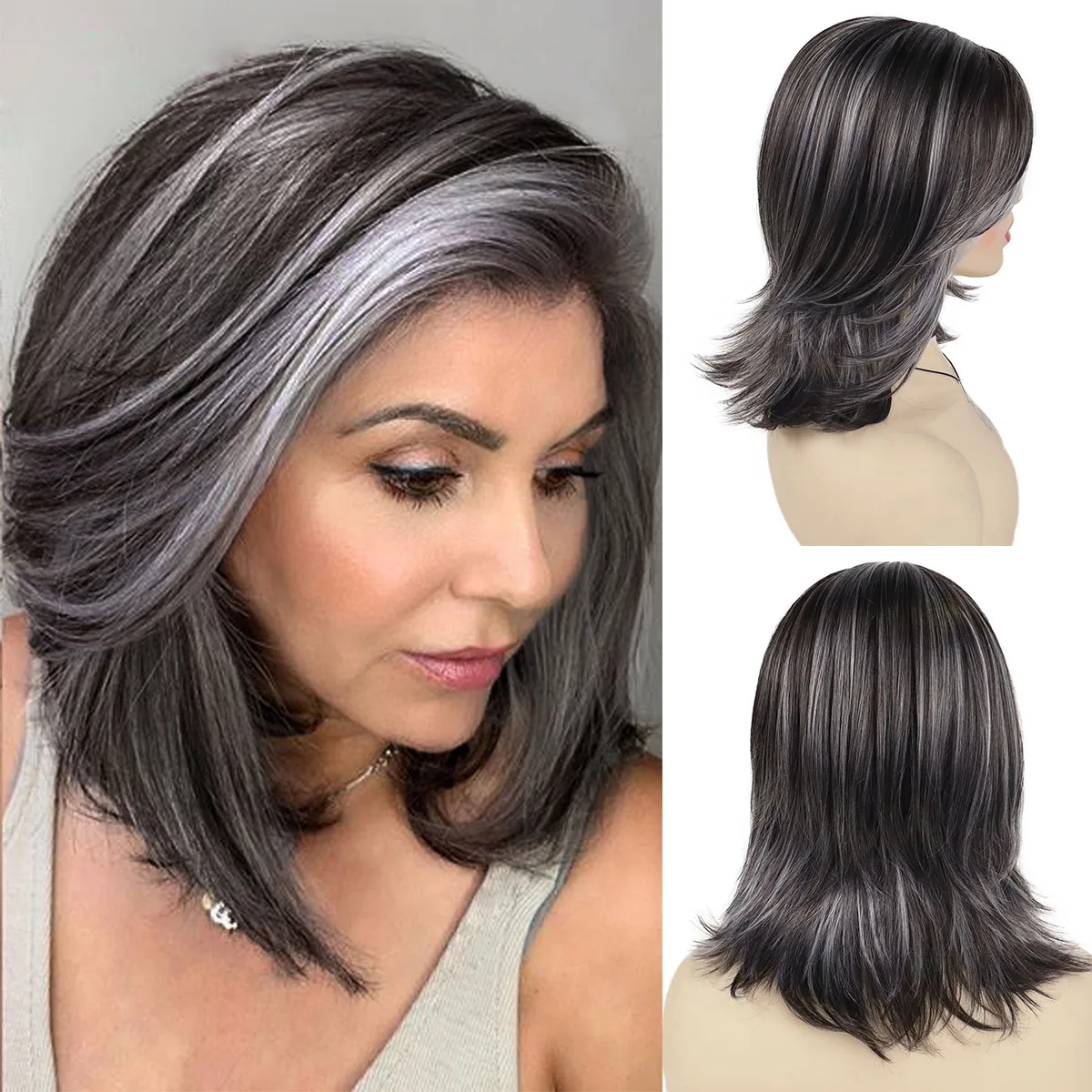 GNIMEGIL Synthetic Silver Grey Hair Wig for Women Older Ladies Daily Cosplay - £21.87 GBP+