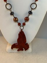 Hand Made 30” Brick Red And Metalic Bead Necklace W Carved Stone Eagle Pendant - £24.09 GBP