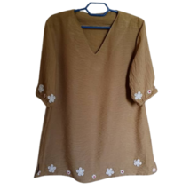 Women Plain Pure Linen Blouse Brown With Floral Lace Short Sleeve L Size  - £38.61 GBP
