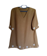 Women Plain Pure Linen Blouse Brown With Floral Lace Short Sleeve L Size  - £38.45 GBP