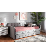 Avery Gray Velvet Fabric Button Tufted Twin Size Daybed w/Trundle - $10,994.70 MXN
