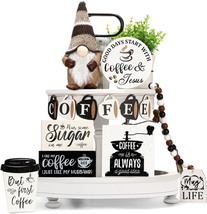 Coffee Bar Tiered Tray Decor Signs Set 13 Pieces Coffee Plush Gnome Coffee Bar W - $26.01