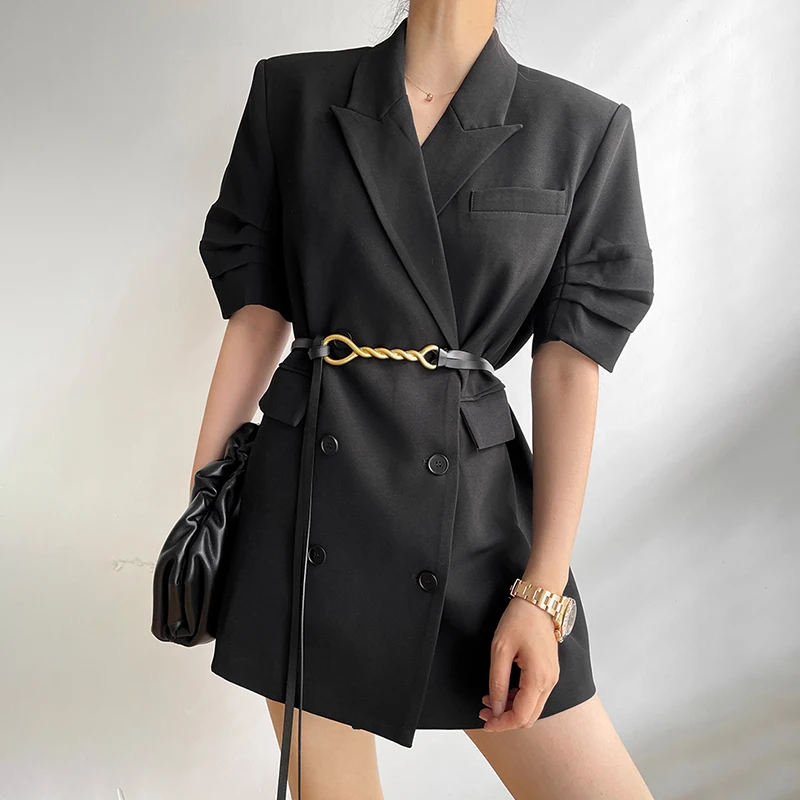TWOTWINSTYLE   Solid Blazer Female Notched Collar Puff Sleeve Double Bre... - $248.78