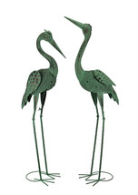 Verdigris Patina Metal Heron Birds Coastal Decor Statue Set of 2 - £127.00 GBP