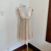 Y2k Aquarius Tan Silk Sheer Floral Lace Embroidered Boho Mini Dress Ribb... - $32.78