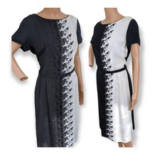 Black White Embroidered Dress Short Slv 50s 60s Floral Vintage Lynbrook ... - $54.00