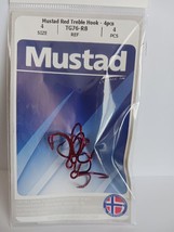 Mustad RED Treble Hooks Size 4, 4 pcs, New, TG76-RB - £2.50 GBP