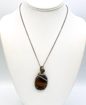 Vintage Sterling Silver Tiger&#39;s Eye Jade Pendant Necklace - £61.86 GBP