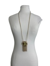 Lia Sophia Gold Tone Necklace Medallion Tassel Pendant Rhinestones 32&quot; Long - £19.78 GBP