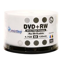 50 Pack Smartbuy Blank DVD+RW 4X 4.7GB 120Min White Inkjet Hub Printable... - $43.69