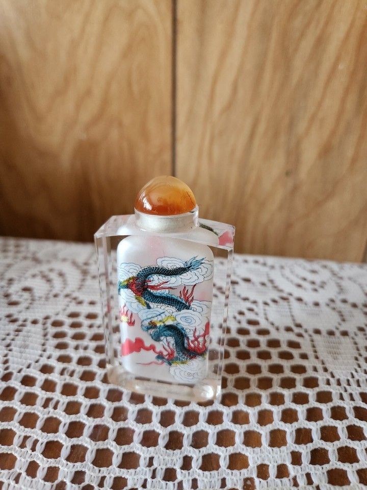 Asian Reverse Painted Glass Snuff Perfume Bottle Empty Pretty 3&quot; - $38.00