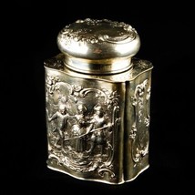Antique German Repousse Tea Caddy Jar 800 Silver Scenes of Play w/ Lid 218.6g - £539.68 GBP
