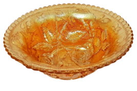 Vintage USA Iridescent Marigold Carnival Glass Luster Rose Scalloped Bowl - $25.64