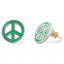 Stella &amp; Dot Peace Sign Earrings Silver Studs Green Enamel - £5.53 GBP