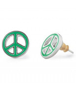 Stella &amp; Dot Peace Sign Earrings Silver Studs Green Enamel - $9.60 CAD