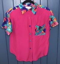 Vintage Bold Loud Hot Pink Tropical Trim Button Down Shirt Blouse Medium... - £22.13 GBP
