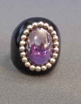 Sterling Silver Ring Black Enamel Purple Stone Solitaire Sz 10 Signed ARD CN - £40.59 GBP