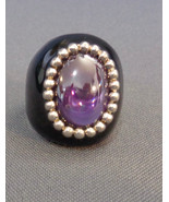 Sterling Silver Ring Black Enamel Purple Stone Solitaire Sz 10 Signed AR... - £39.58 GBP