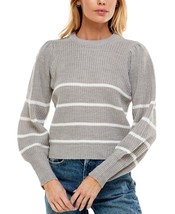 NO COMMENT Juniors Ikeddi Striped Puff-Shoulder Sweater,Lt Grey Heather,... - $34.99