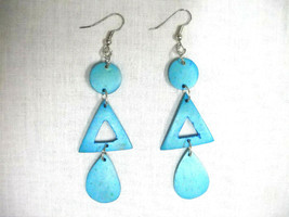 Tropical Blue Coconut Shell 3 Part Long Round Triangle Droplet Earrings - £4.78 GBP