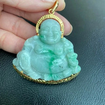 14K Solid Gold Laughing Buddha Buddist Genuine Carving Jade Pendant Large Heavy - £1,325.97 GBP