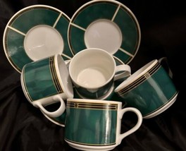 Sango Emerald Green Cups + Saucers 8 Piece Green w White #8821 - £28.30 GBP