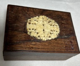 Vintage wooden trinket box with ivory Asian Accent on Lid Mended - £9.12 GBP