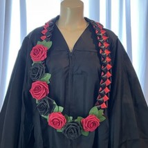 Graduation Lei Flower Deep Red Black Roses Flowers Leaves Four Braided R... - $917.78 MXN