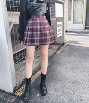 Burgundy Short Plaid Skirt Outfit Women Girl Plus Size Pleated Plaid Skirt