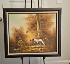 Spaniel Dog Hunting Quail Painting on Canvas in Wood Frame SIGNED 25&quot; x 29&quot; - £137.03 GBP