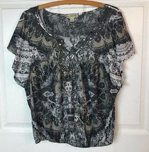 One World Gray Multi Print Embellished Sublimation Top Blouse Sz Large L - £10.12 GBP