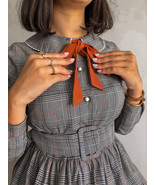 Long dress handmade Vintage plaid belted dress 60&#39;s dress peter pan coll... - £55.69 GBP