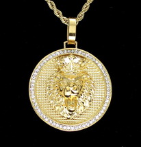 Mighty Lion w/Crown CZ Pendant Stainless Steel Gold Plated 24&quot; Rope Neve... - £14.57 GBP