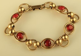 Vintage 12kt Gold Filled Signed Sturdy Ruby paste  Link Chain Bracelet - $74.25