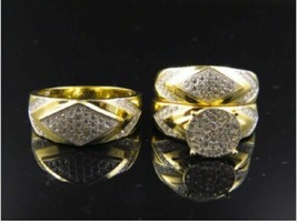 2.54CT Round Cut Real Moissanite Wedding Trio Ring Set 14K Yellow Gold Plated - £131.35 GBP